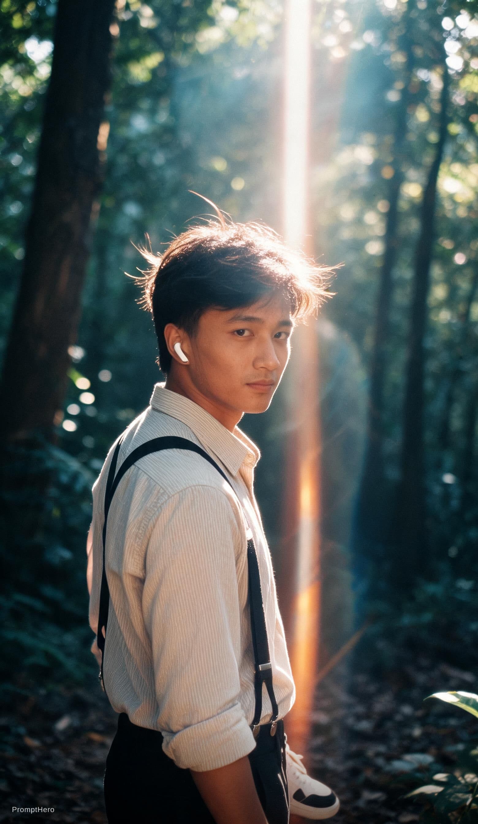 AI generated: A cinematic portrait of an Asian men standing in a quiet forest, captured in a spontaneous moment as...
