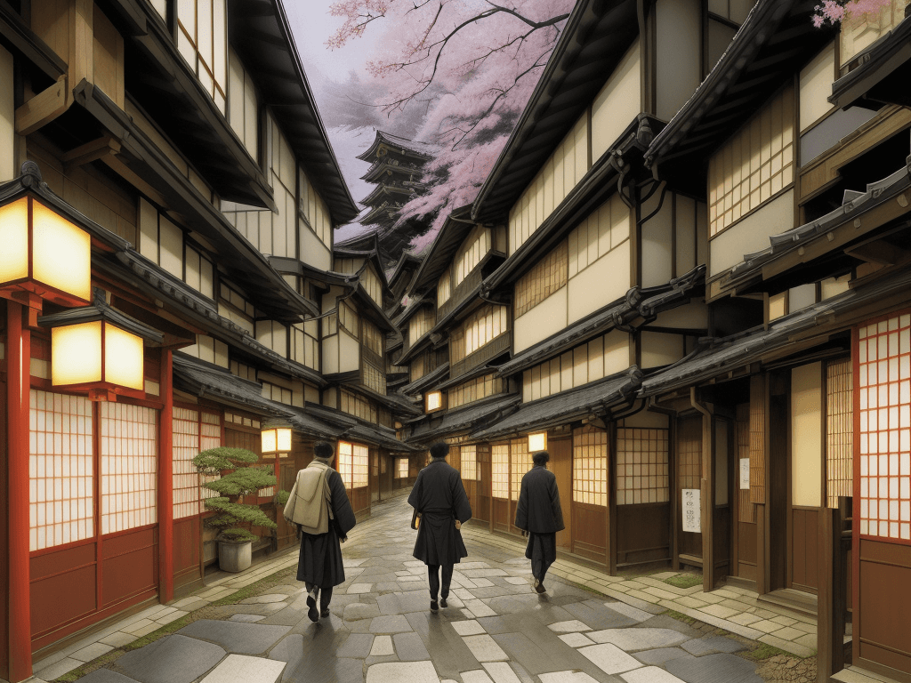 AI generated: kyoto, walking tour japan, villagecore, manga-influenced, spiritual resonance, high quality, john sa...