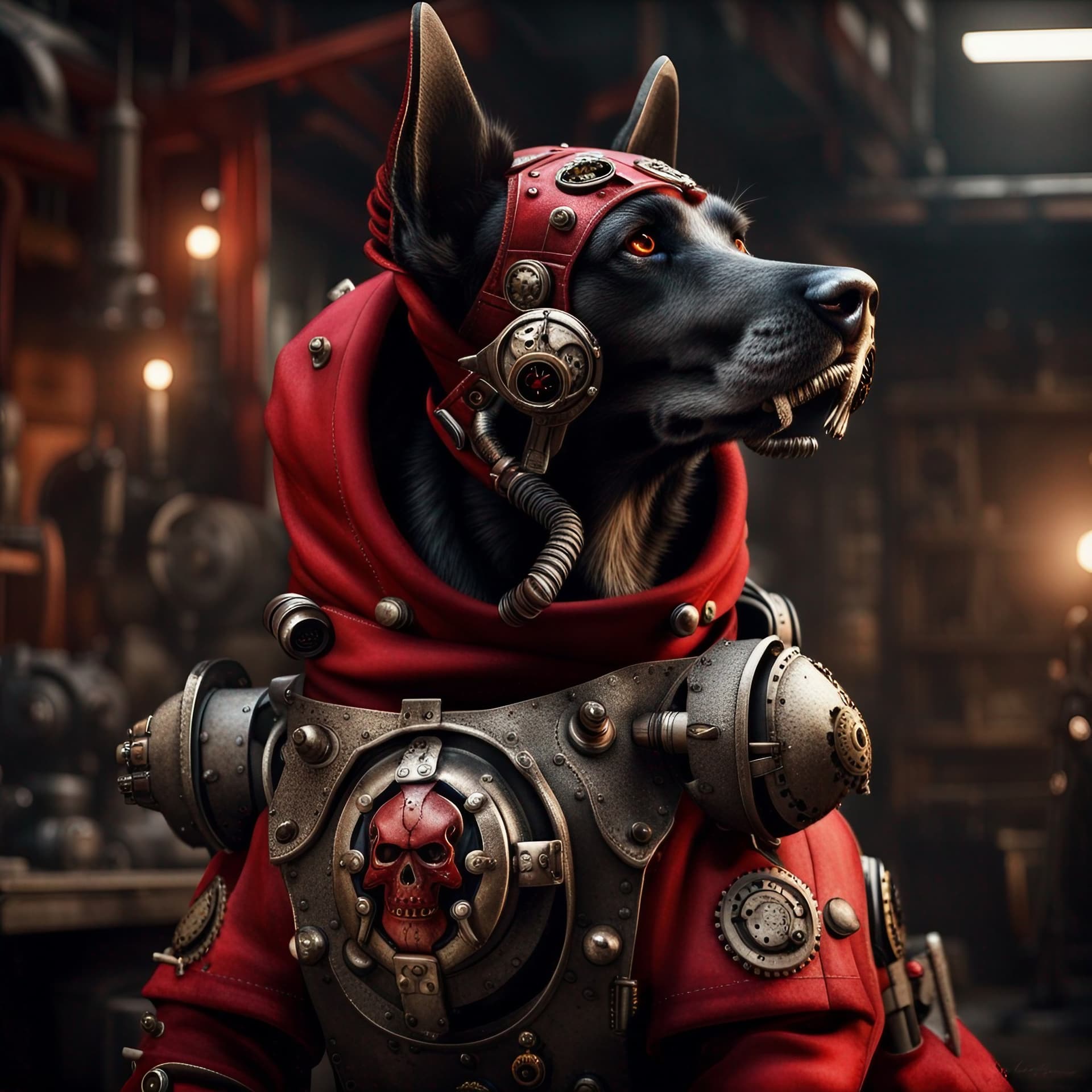 AI generated: dog in power armor-hoodie adeptus mechanicus, extremely detailed armor, looking away, eyepieces, enc...
