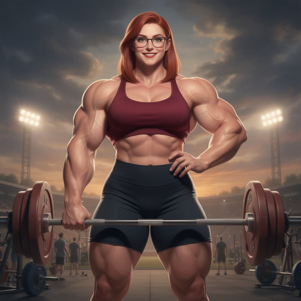 AI generated: a beautiful mega muscular 30 year old giant woman, beautiful long red hair, pure delicate female ski...