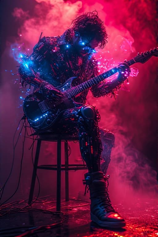 AI generated: cybernetic musician creating hypnotic tunes, light leaks, epic fantasy, vibrant color grading