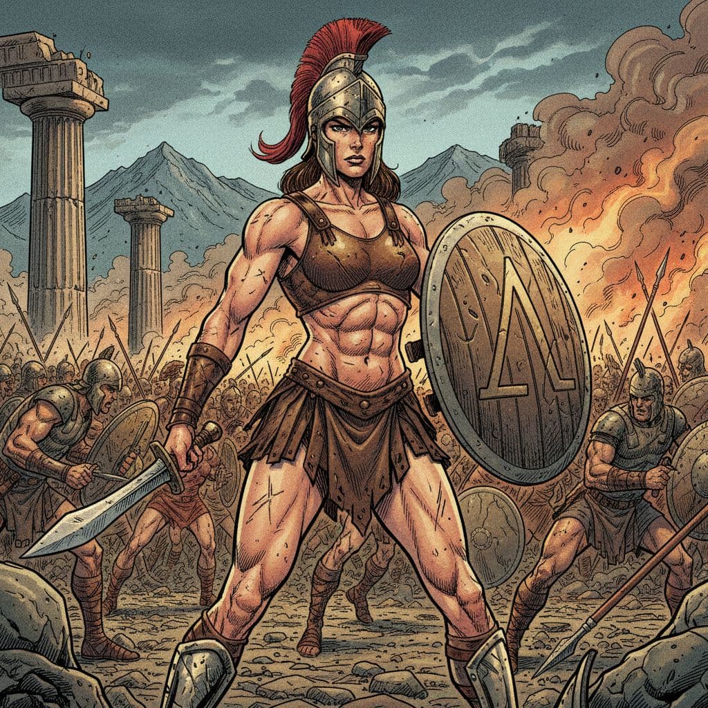 AI generated: Comic book realistic illustration, full body shot of a young gorgeous Spartan woman with thick aesth...
