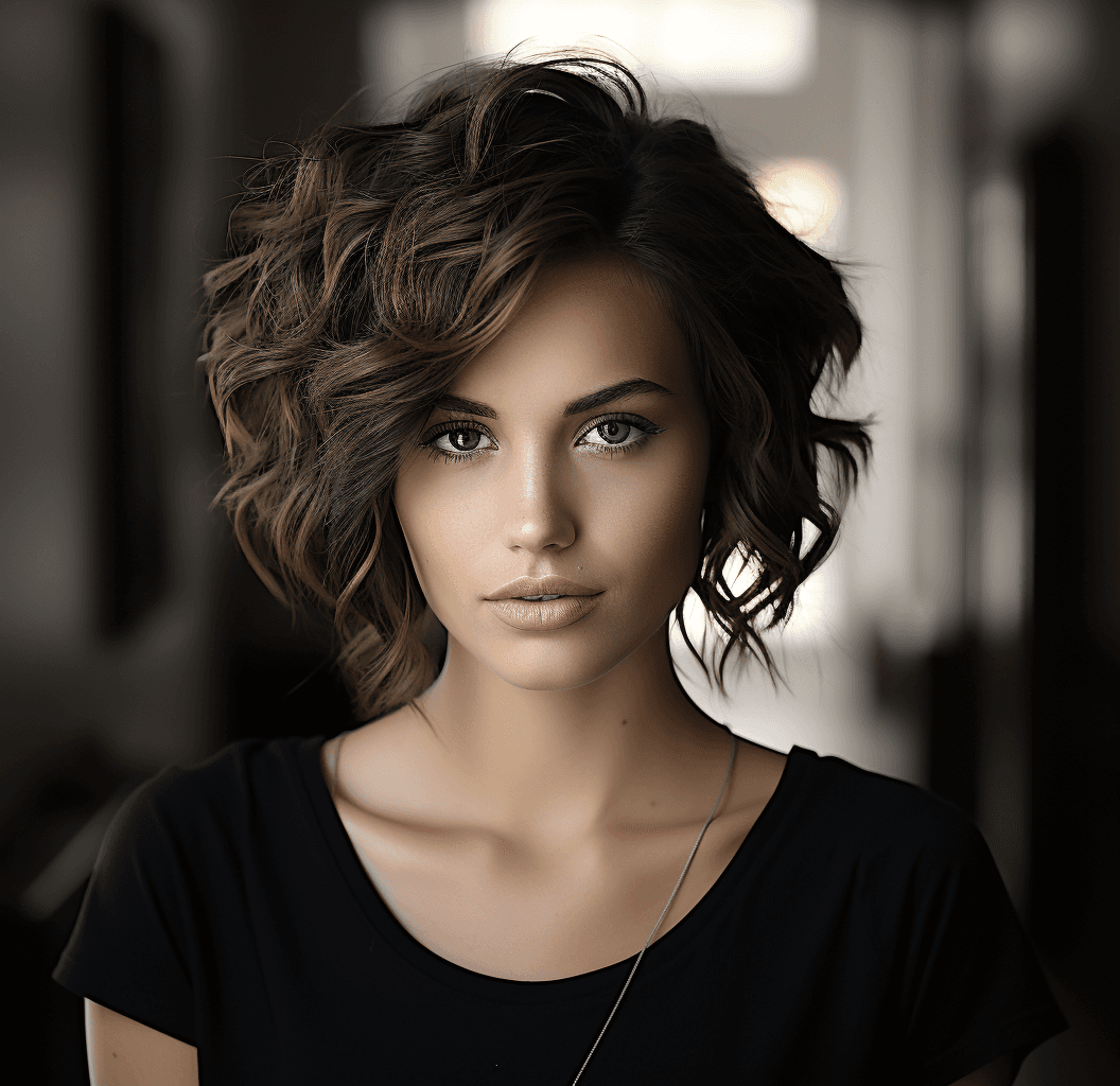 AI generated: portrait of a young woman with short brown hair, in the style of dramatic black and white portraits,...