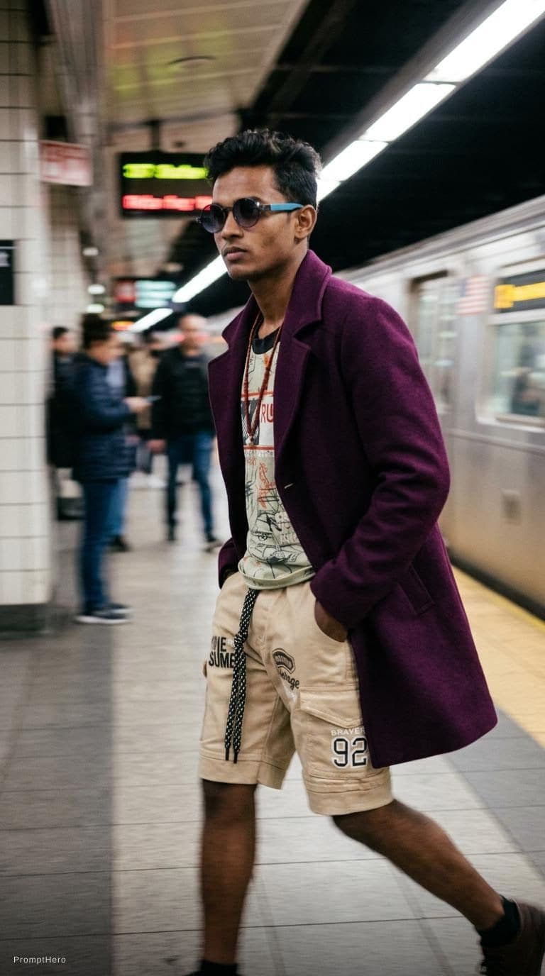 AI generated: fashion editorial photography, motion blur, male model, wearing an wool coat, deep purple color, wal...