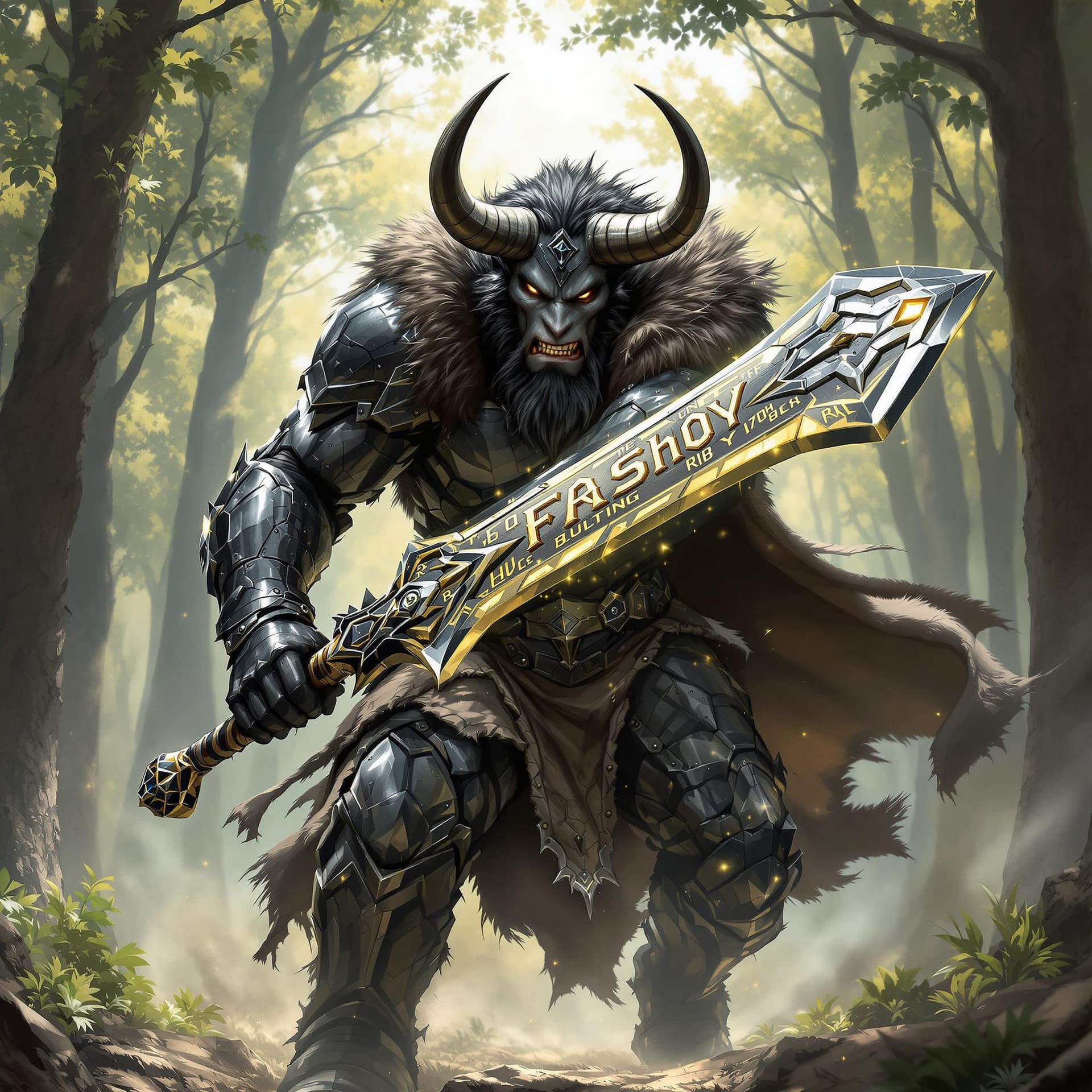 AI generated: A handsome-faced minotaur warrior, clad in battered black chrome armor, charges forward into the mid...