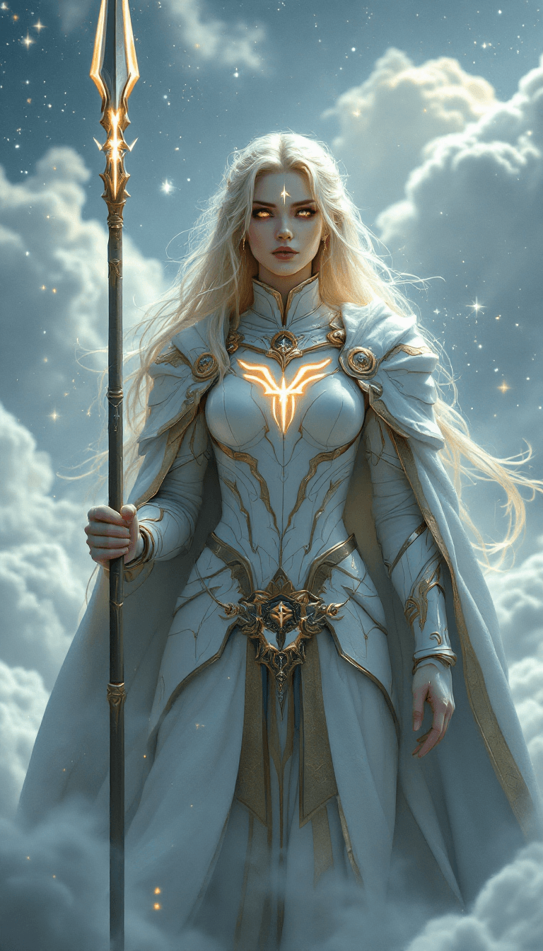 AI generated: A cinematic digital artwork featuring a determined, female celestial warrior in a commanding yet com...