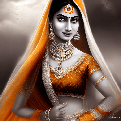 AI generated: india's most beautiful lady, in the style of digital art wonders, dark white and light amber, histor...