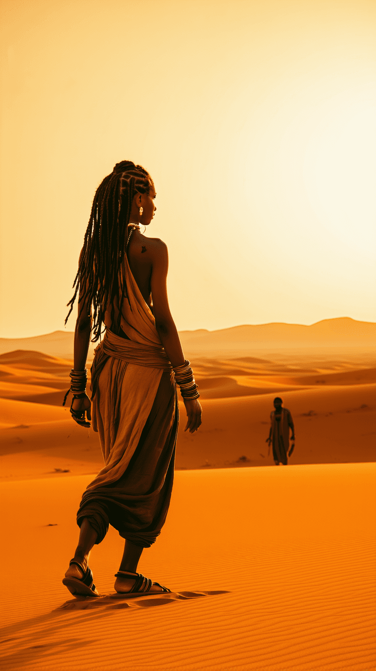AI generated: A lone desert wanderer, silhouetted against a blazing orange sunset, embodies resilience and ancient...