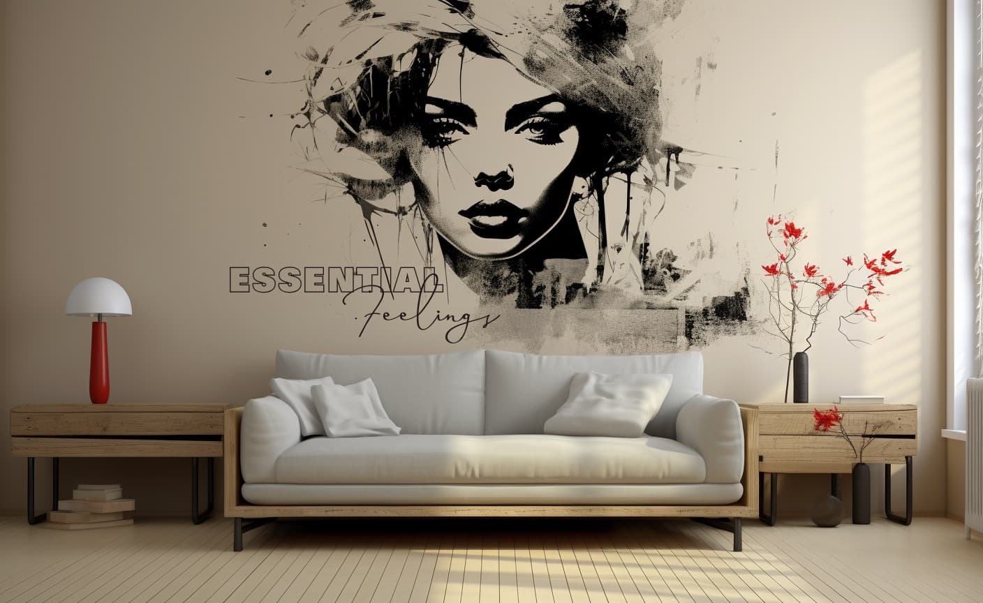 AI generated: wall sticker "ink project" modern interior design, beautiful woman in the style of ink project, beig...