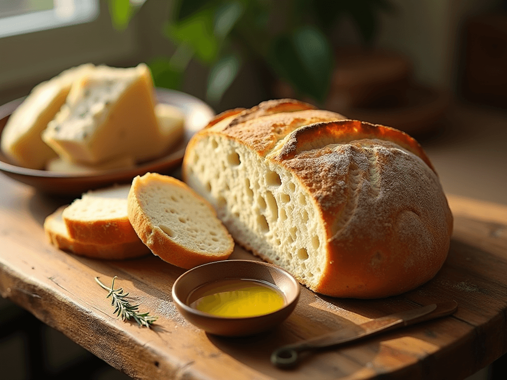 AI generated: A warm, fresh-baked artisan sourdough bread loaf, sliced open to reveal its soft, airy crumb and gol...