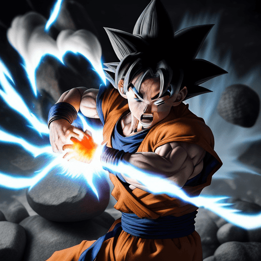 AI generated: Goku Ultra Instinct, dragonballz, white fire, wearing typical dragonball clothes. Very angry. The ba...