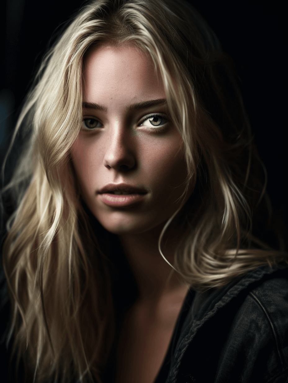 AI generated: Intense, high - contrast portrait of a mature blonde teenager with a striking gaze that commands you...