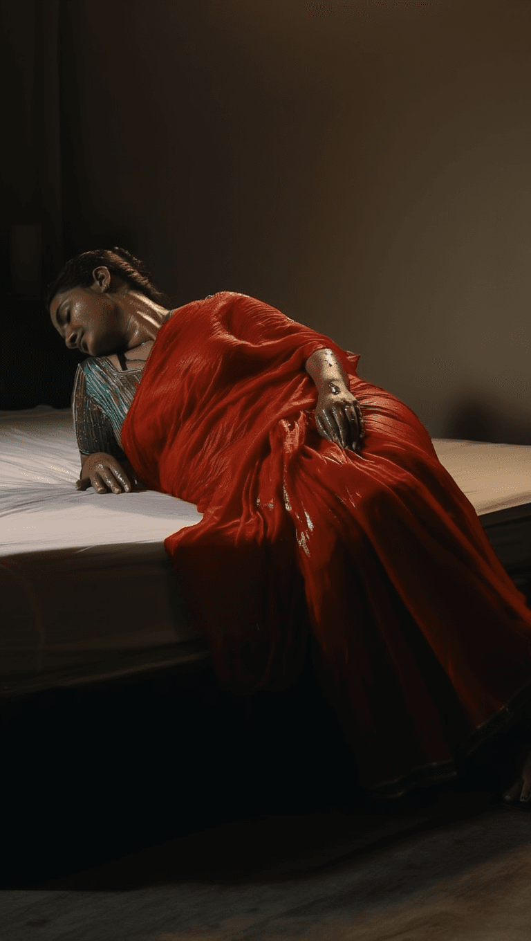 AI generated: Red wet saree Indian woman, sleeping on edge on bed, curvy body, woman, good upper and great lower s...
