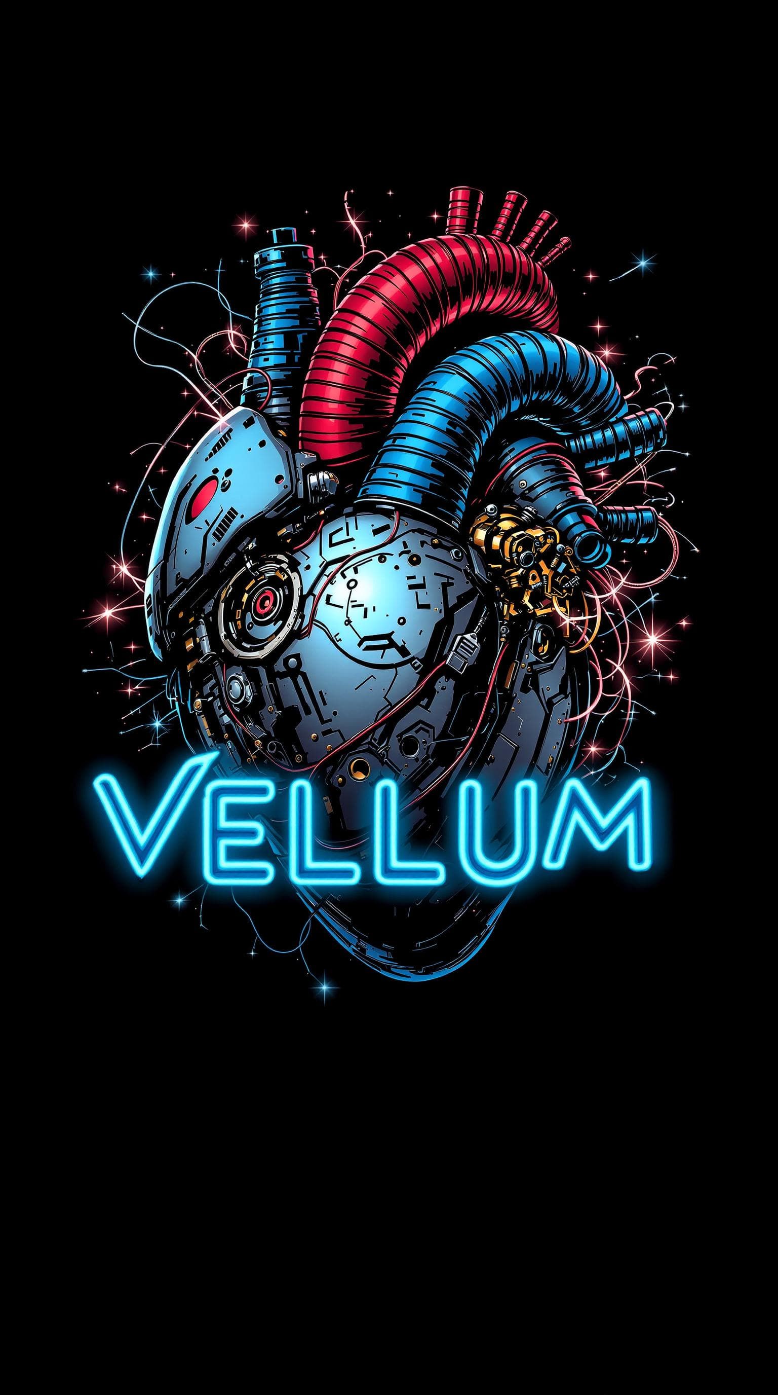 AI generated: Mechanical heart with steampunk details, half exposed with sparking wires flying out, 'Vellum' in ne...