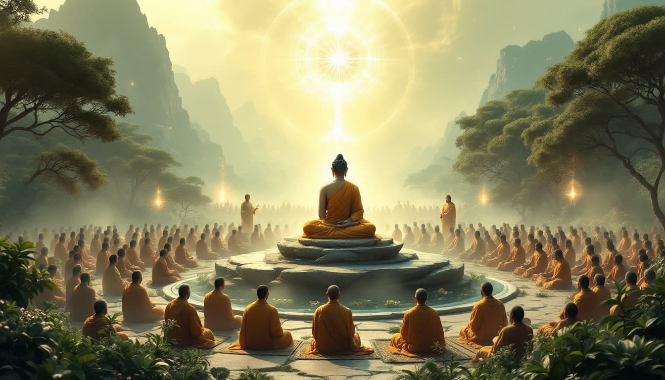 AI generated: Create an image of a solemn scene in a tranquil garden within an ancient Eastern kingdom. At the cen...