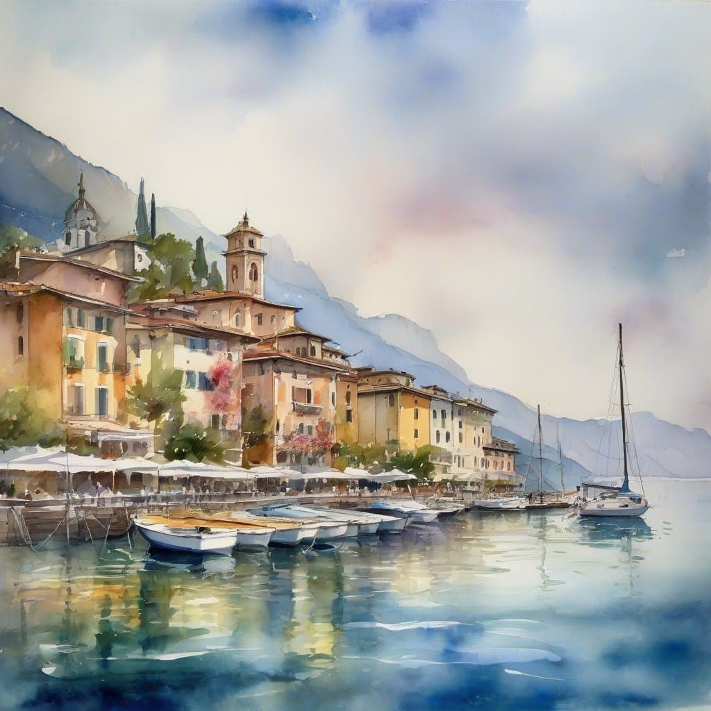 AI generated: Wide angle view of Riva del Garda, mediteranian italian harbor scene, wet paper, watercolor vignette...