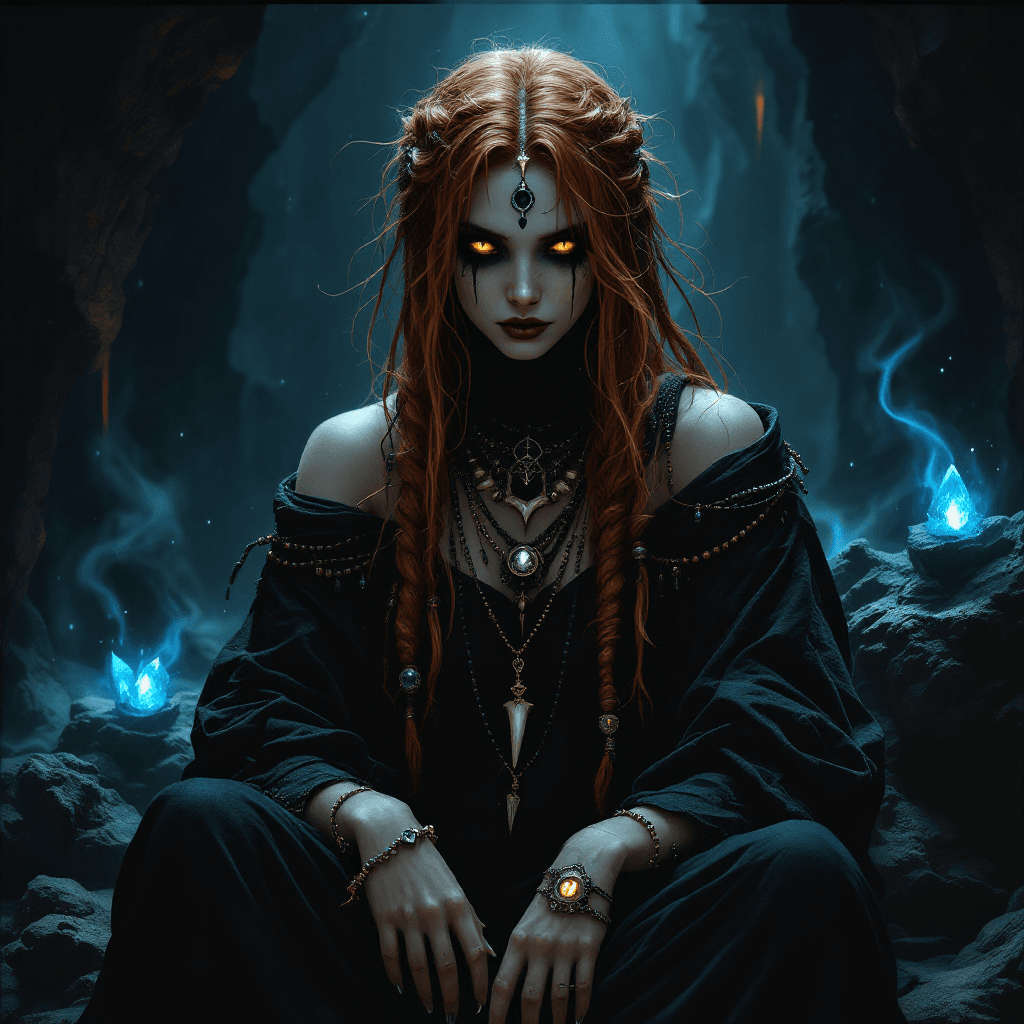 AI generated: The Shadow Oracle of the Obsidian Caves: An enigmatic seer with long, dark auburn hair, often styled...