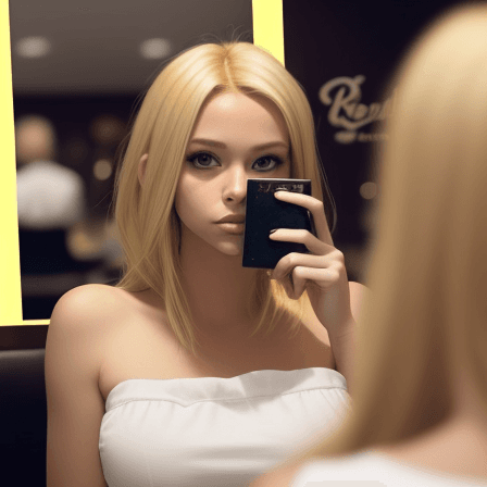 AI generated: photo of blonde woman. she is in the restaurant and she is taking photo of herself by mirror and sha...