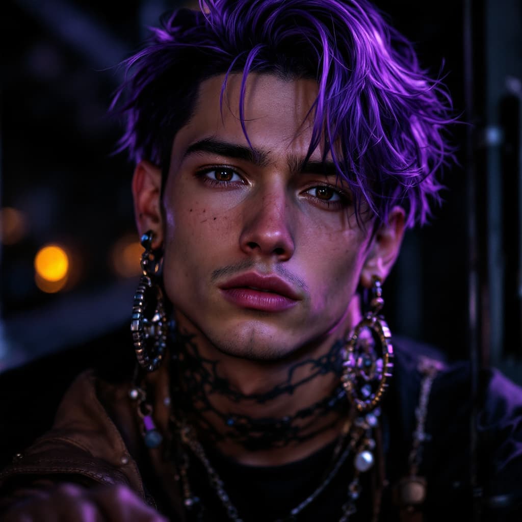 AI generated: Photo of a around 25 year old male, purple hair, light brown skin, cinematic lighting, deep brown ey...