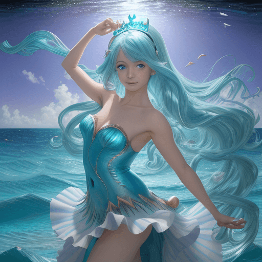 AI generated: A playful anime dancer from the sparkling ocean with a seashell crown and a dolphin hairpin at noon ...