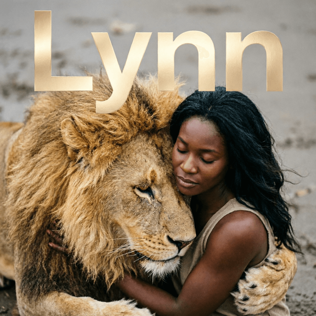 AI generated: A top-down close-up view of a black woman and a lion in a tender embrace. The male lion's majestic g...