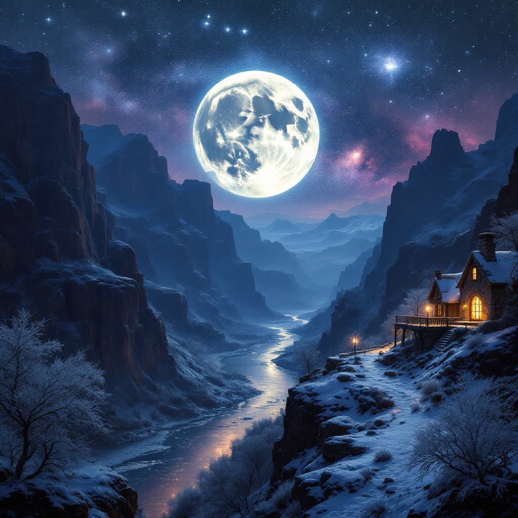 AI generated: (Ultra-high resolution, Hyper-detailed, Cinematic fantasy landscape:1.5) A breathtaking nighttime de...