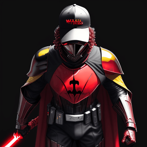 AI generated: a Blackman, with a red baseball cap backwards, sunglasses, in a red metallic dark knight armour suit...