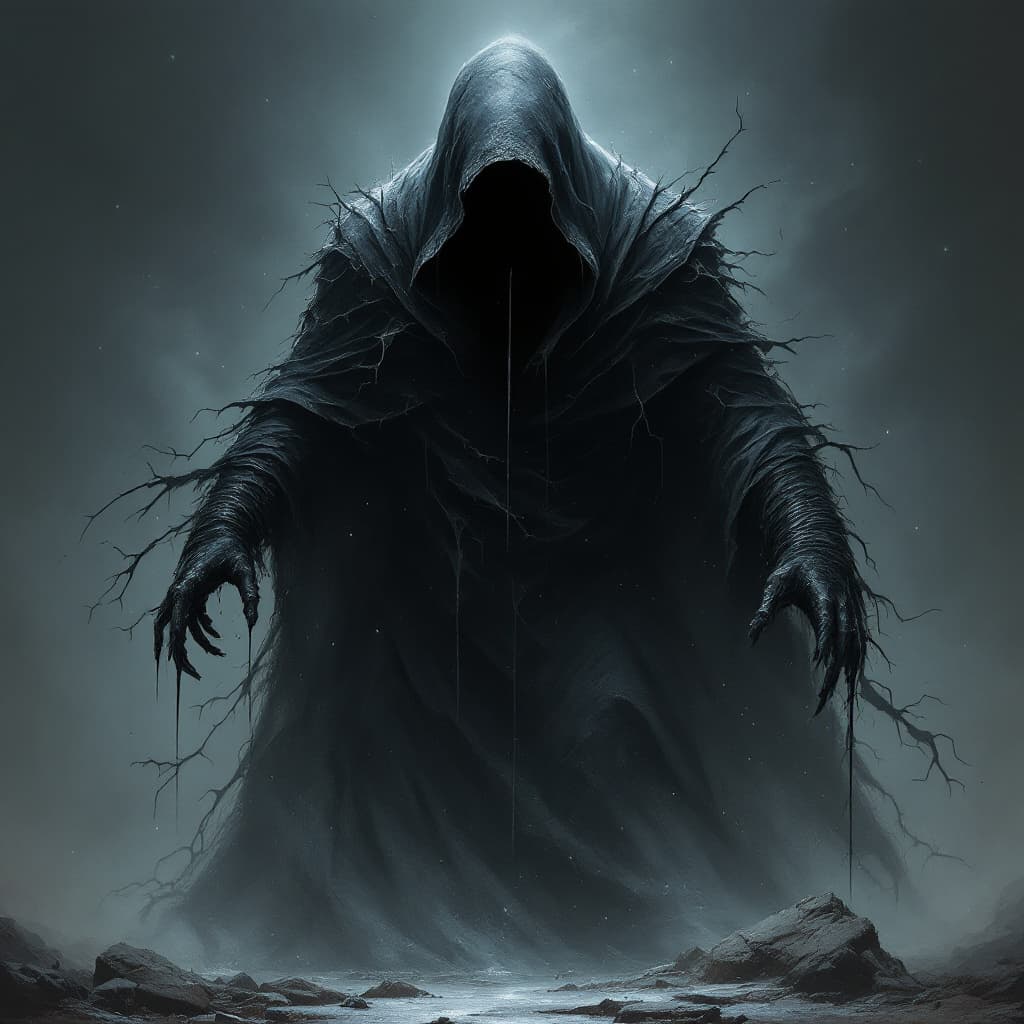 AI generated: large, ominous cloaked hooded figure, black mists dripping off of him, evil, mysterious, intricate d...