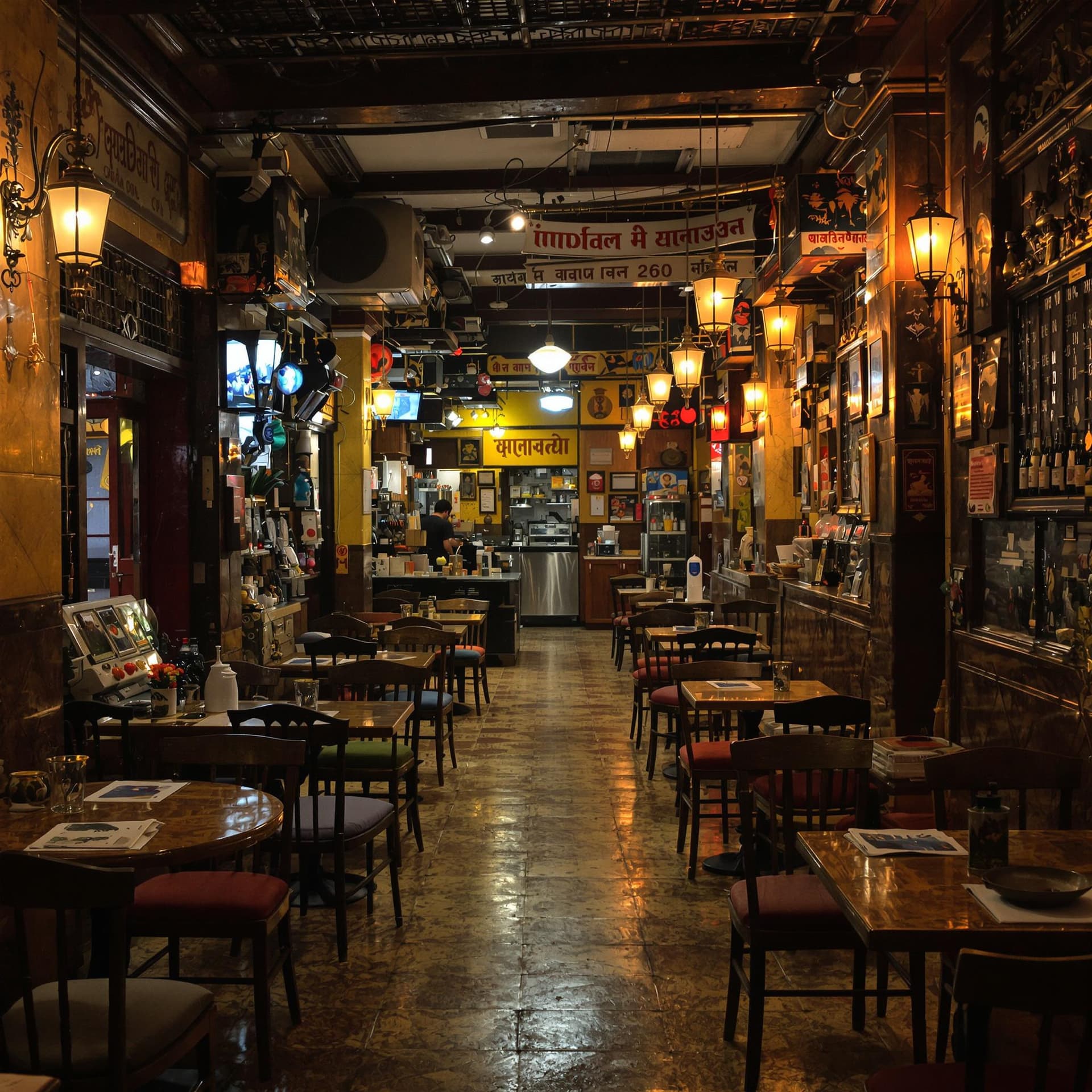 AI generated: A highly detailed, cinematic, realistic photograph of a very old Indian restaurant from the inside, ...