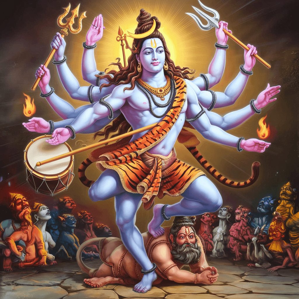 AI generated: An intricately detailed and divine scene of Lord Shiva performing the Tandava, an energetic dance be...