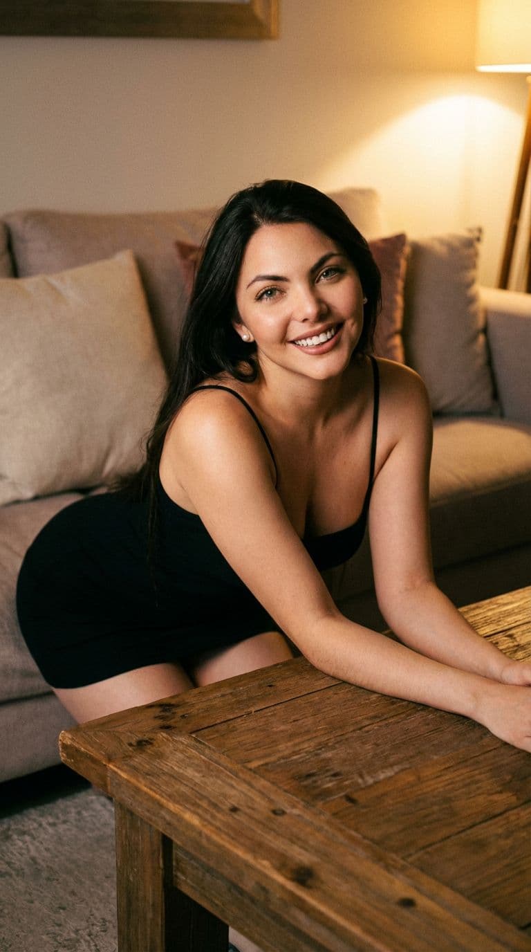 AI generated: i am wearing a black spaghetti strap minidress, leans over toward the viewer, smiling warmly. i am a...