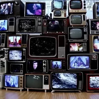 AI generated video: The camera rotates around a large stack of vintage televisions all showing different programs — 1950...