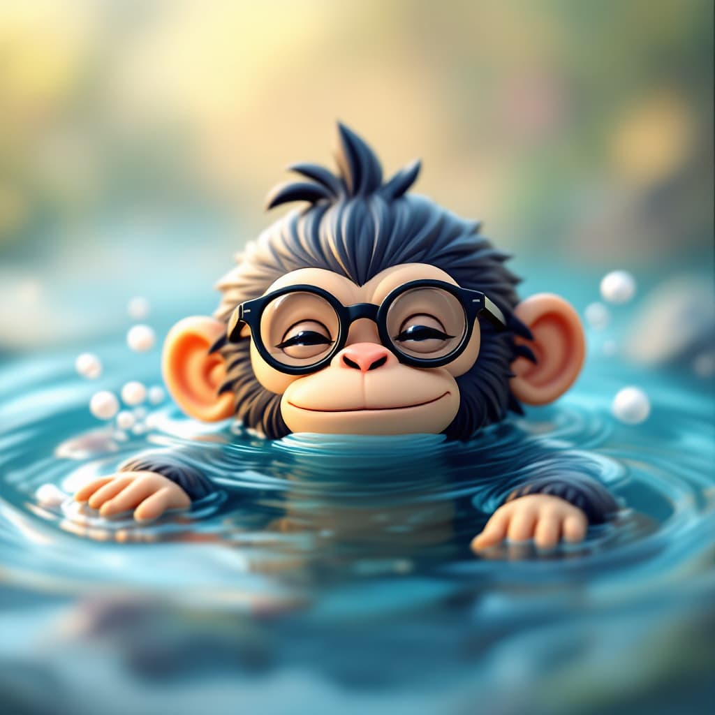 AI generated: A cute little hybrid figure with an Western
man's face, wearing glasses and a monkey-like
body float...