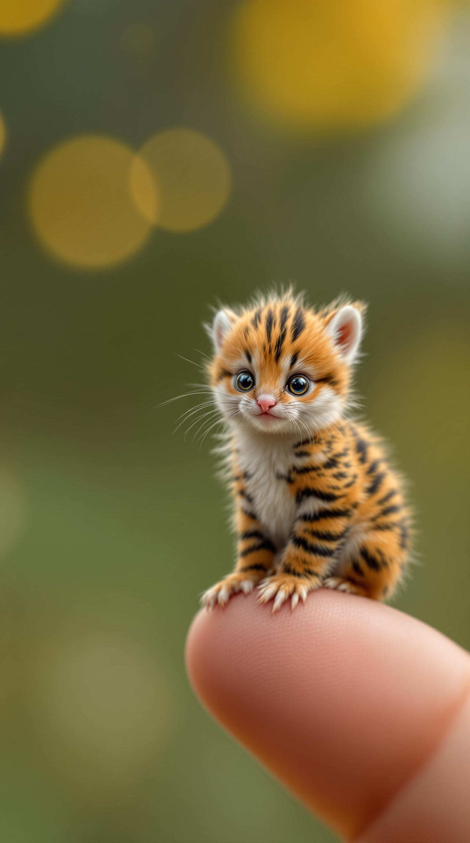AI generated: A hyper-realistic digital rendering of an impossibly tiny hen cub perched on a human fingertip. The ...