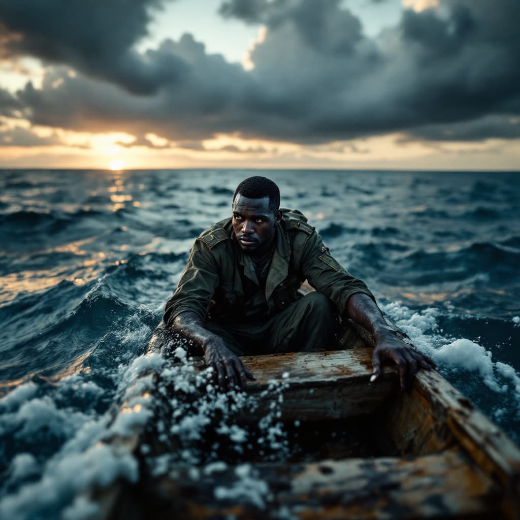 AI generated: A lone Kenyan soldier drifting in a small wooden boat on the vast ocean, surrounded by endless waves...