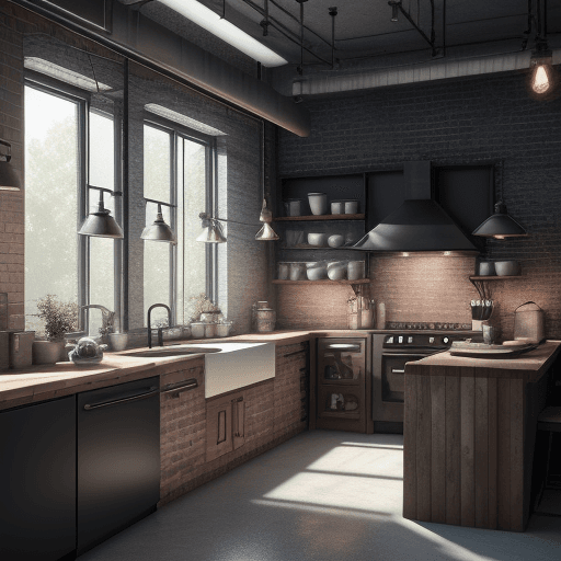 AI generated: industrial style kitchen with  brick walls and large steel windows viewing garden, imaginary 3d drea...