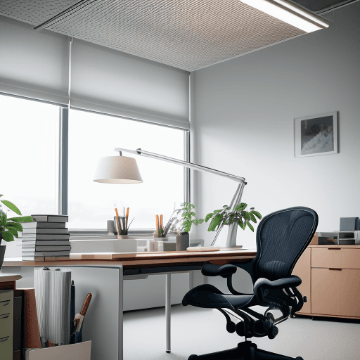 AI generated: Spacious office with frontal view, Herman Miller Aeron chairs, Artemide Tolomeo desk lamps, captured...
