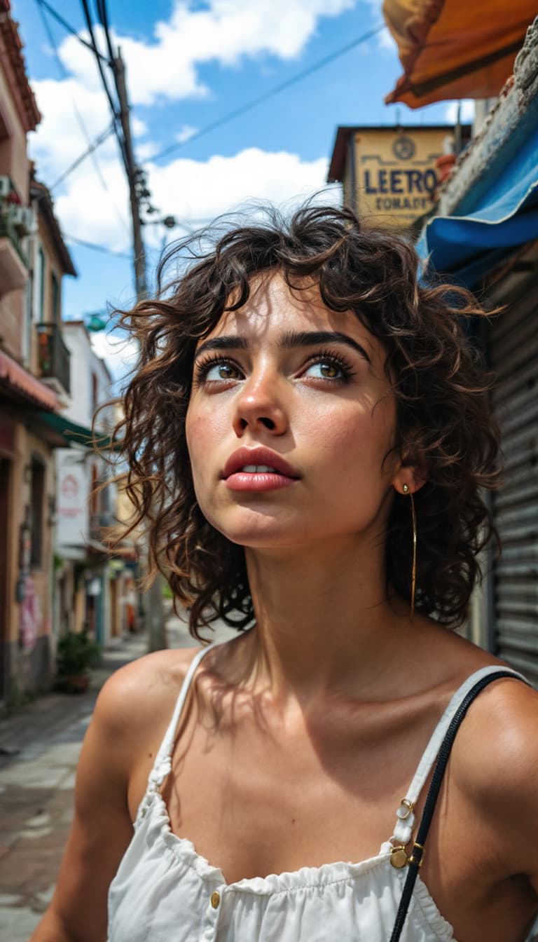 AI generated: Un primer plano del ,una pequeña ,morena ,con pelo rizos, Ella se , ve  suspirando.