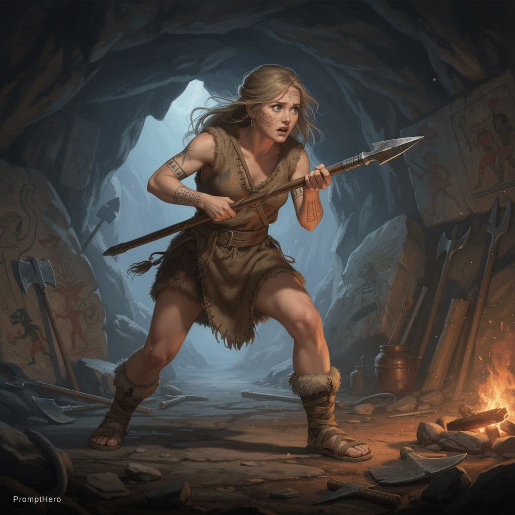AI generated: elle fanning in prehistroic time, 1woman, stone age time, wearing loin cloth, messy hair, tribal tat...