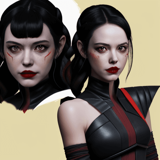 AI generated: Rey skywalker as sith lady in blak sith uniform, dark red lips, yellow eyes, evil smile