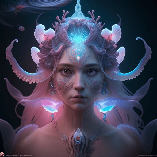 AI generated: Goddess close-up portrait ribcagel. jellyfish phoenix head, nautilus, orchid, skull, betta fish, bio...