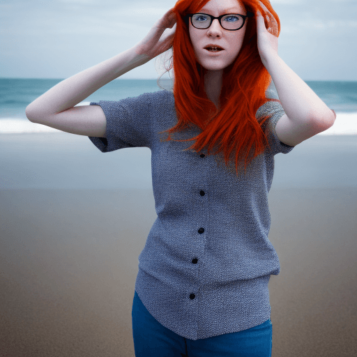 AI generated: redhead woman, 30yo, nerdy with glasses, standing on the beach