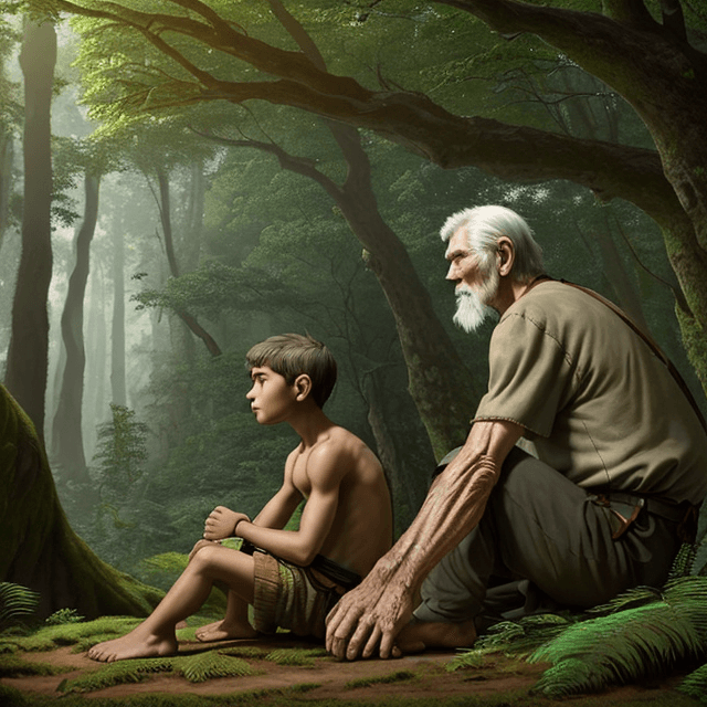 AI generated: side view of a young prehistoric boy and a tall and old prehistoric man.  Boy and Man sit nearby, re...