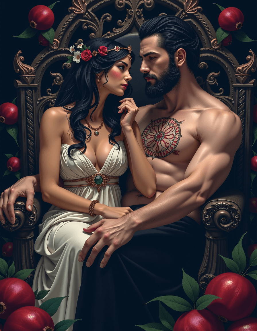 AI generated: "Dark romance: The beautiful Persephone, queen of the underworld, sharing a look of profound, hidden...