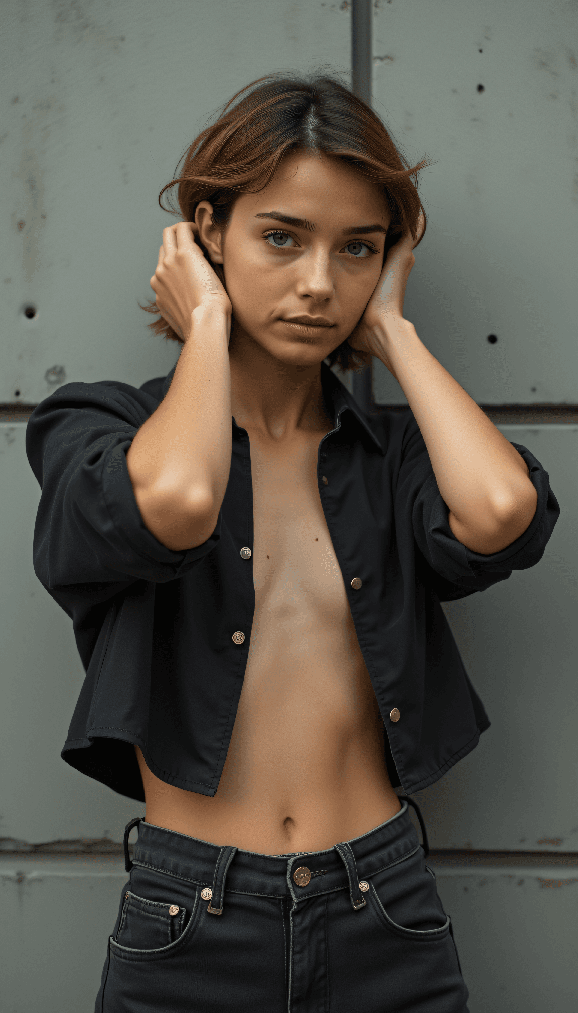 AI generated: street photography, Brutalist high Fashion shot from a distance photo of a 24 year old Uralic-Zulu f...