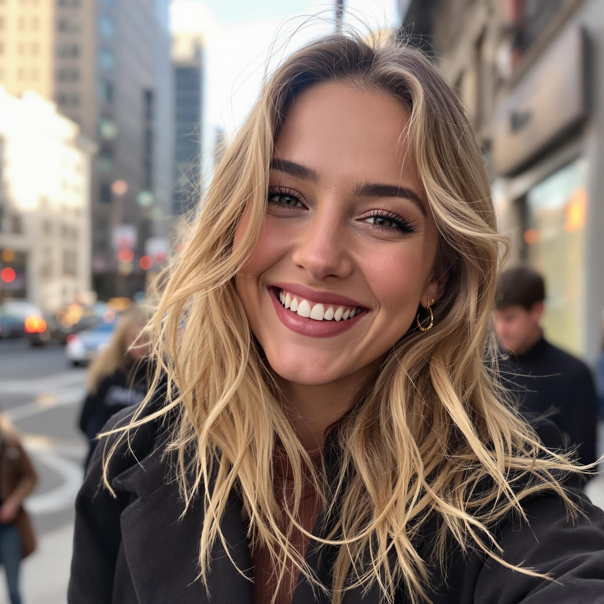 AI generated: Instagram photo, jennifer lawrence flirt smiling, in the style of social media influencers, city in ...
