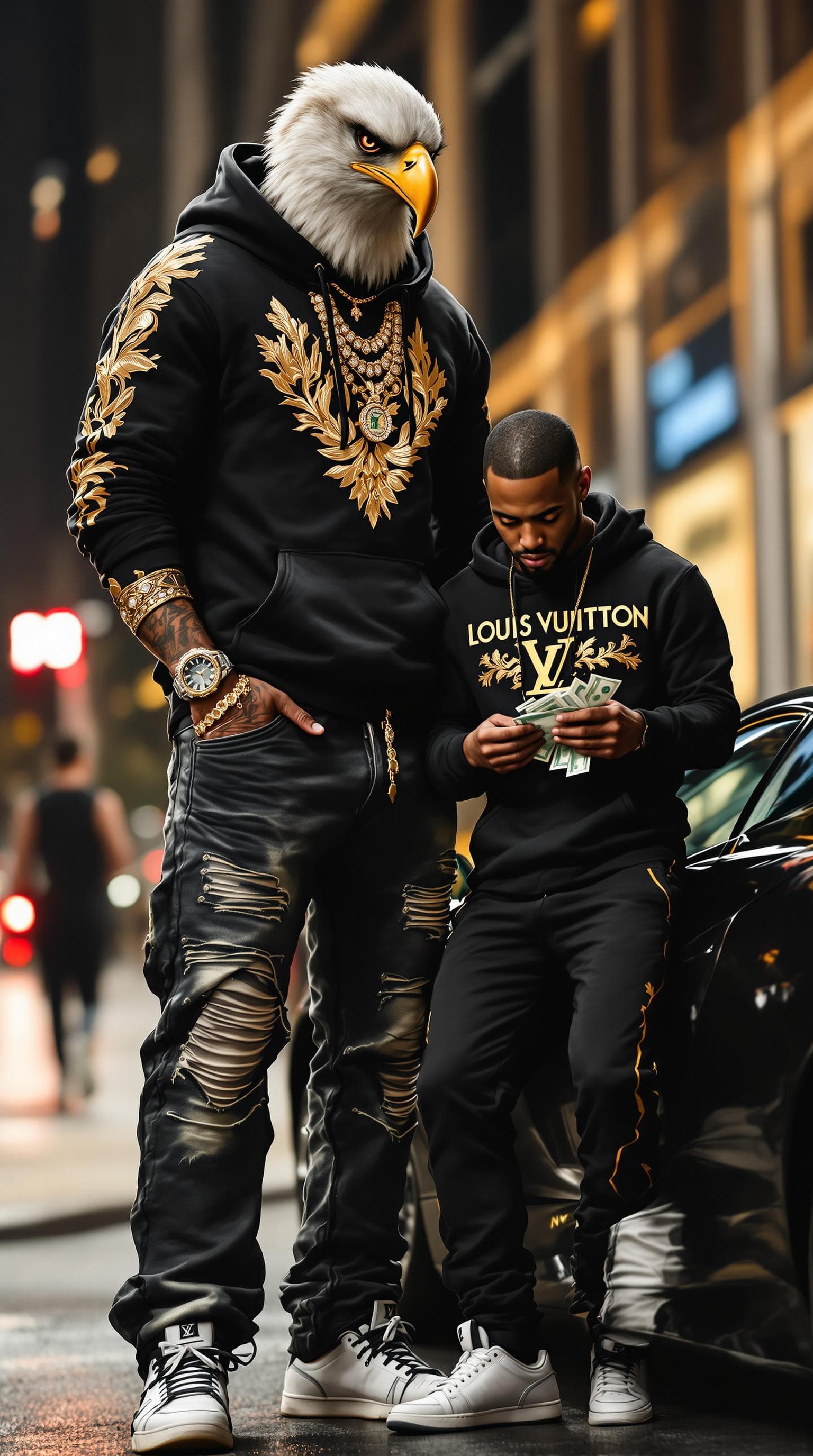 AI generated: A tall man with the head of a bald eagle stands in a luxury hoodie with golden embroidery, distresse...
