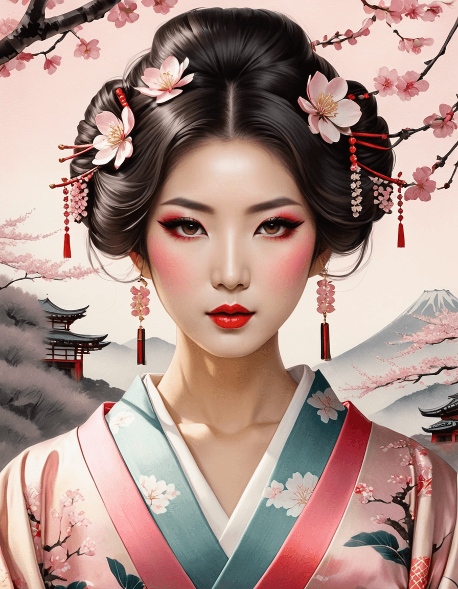 AI generated: bohemian style drawing, portrait of a japanese woman wearing a kimono under sakura trees, japanese c...