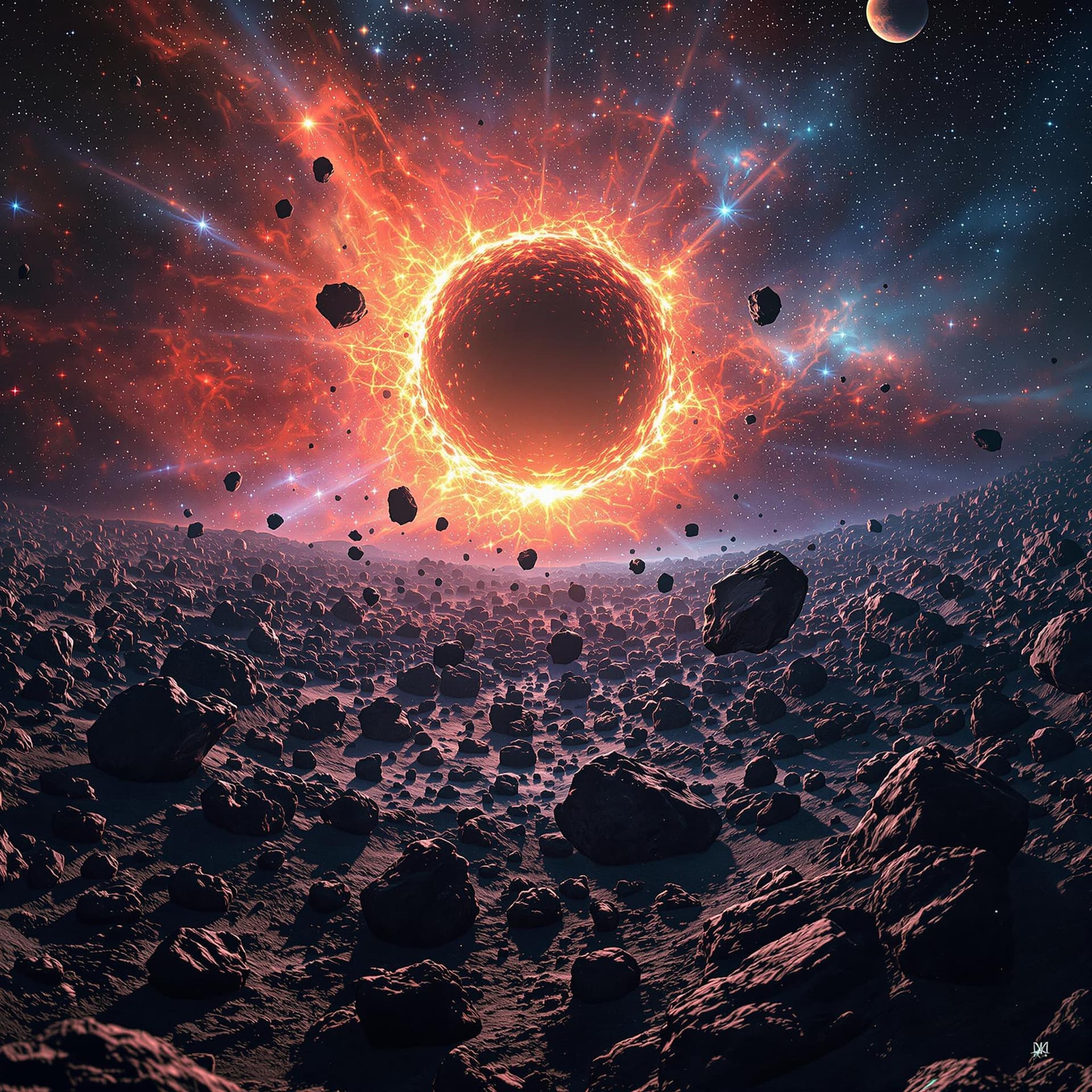 AI generated: asteroid fields and galaxies, creating an epic scifi scene. The background features colorful nebulae...