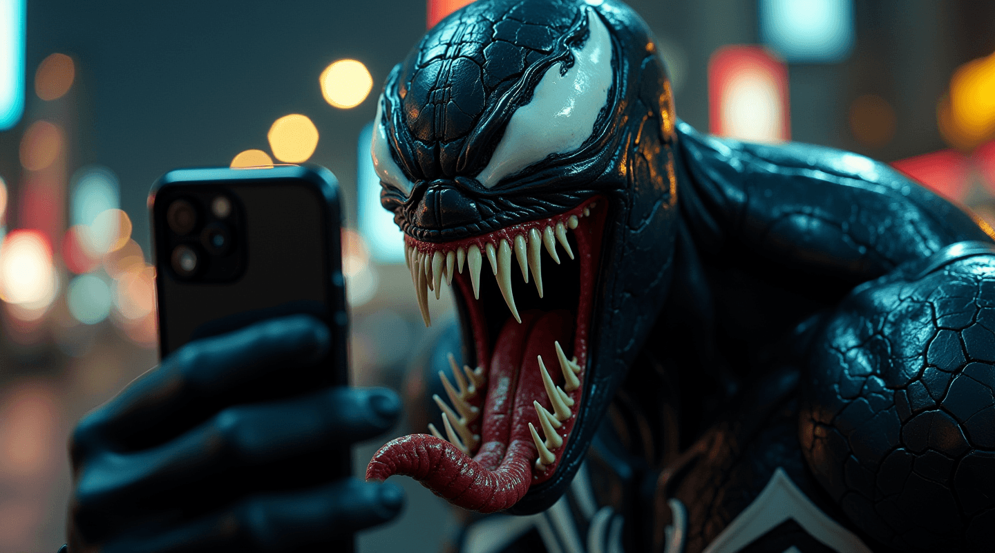 AI generated: 200mm photo, (half-body shot) of Venom, mouth open and full of long sharp fangs, taking a selfie wit...